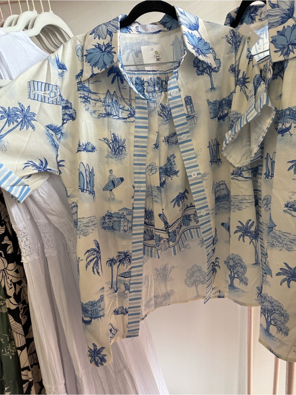 White & Blue Tropical Print Short-Sleeve Shirt and short set